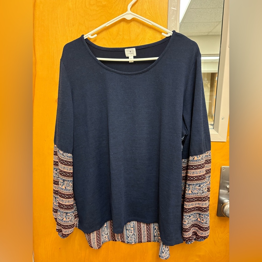dressbarn Navy Pullover Top with Patterned Sleeves